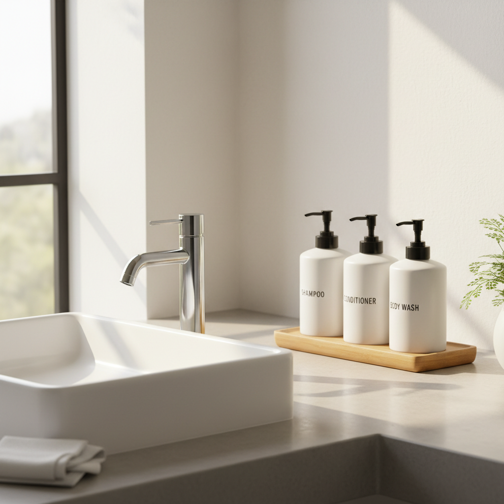 Cluttered Counters in Bathroom Organization Ideas Now, Costly Renovation Later — Prevented by Refillable Pump Dispenser