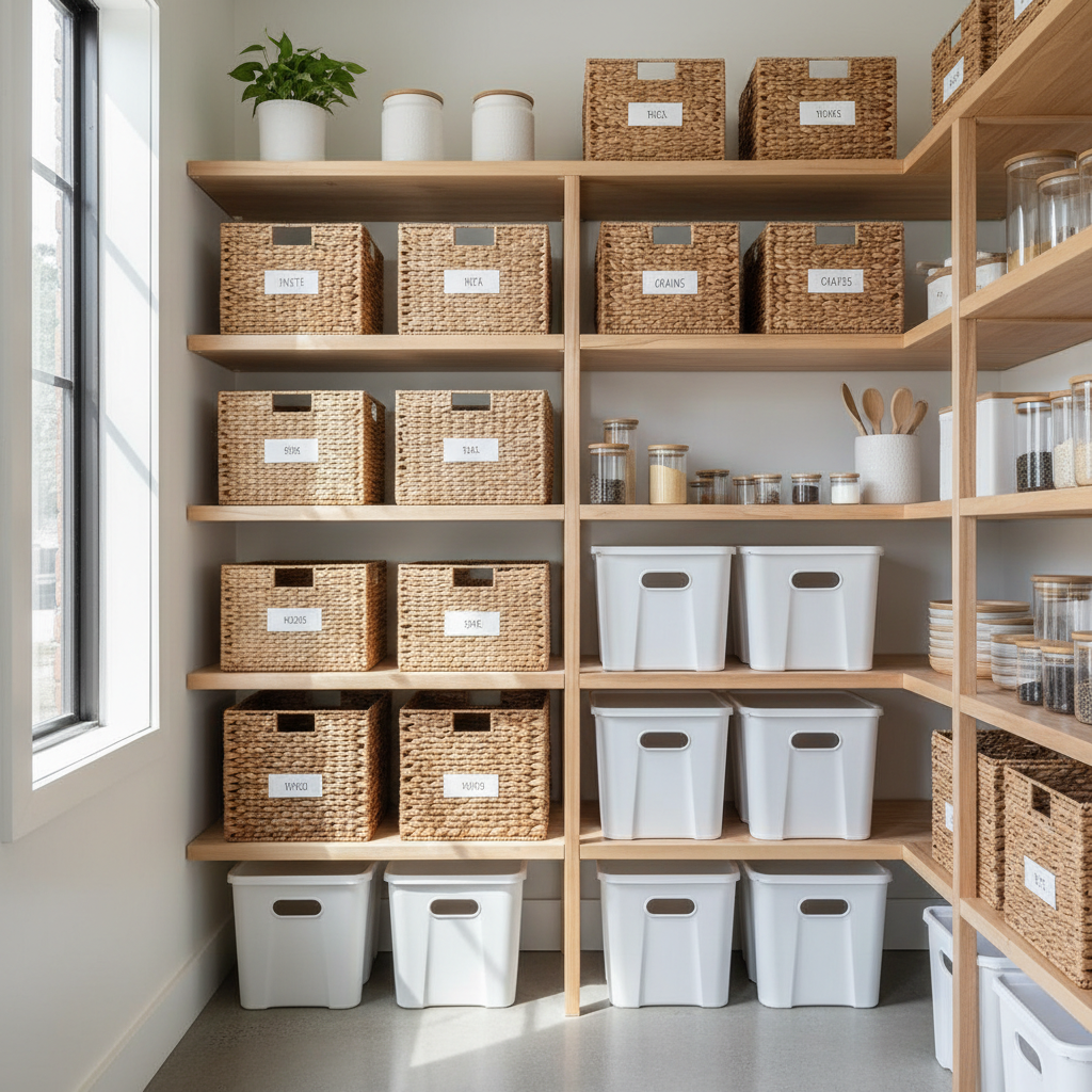 Early Clutter Chaos in Home Organizing Now, Costly Renovation Later — Prevented by Stackable Storage Baskets on Shelves