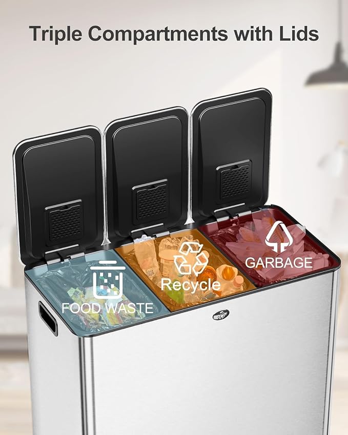 GarveeHome Trash Can 90L/23.8Gal, Three Compartments Pedal Kitchen - Image 2