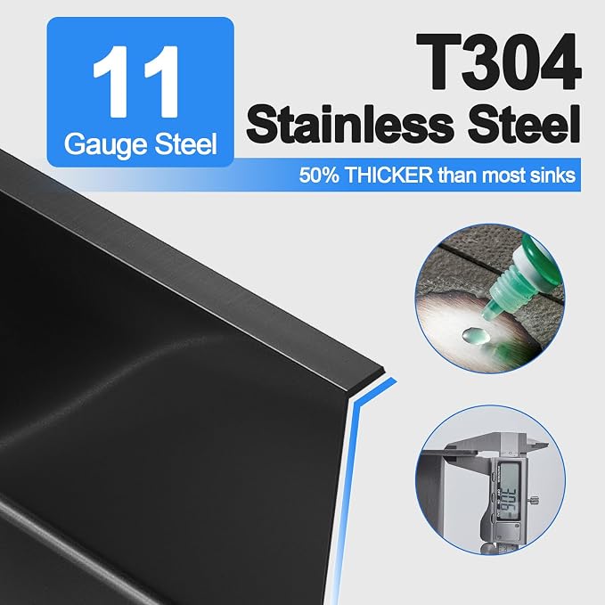 24x18x9 Inch Kitchen Sink, Handmade 304 Black Stainless Steel Single Bowl - Image 2
