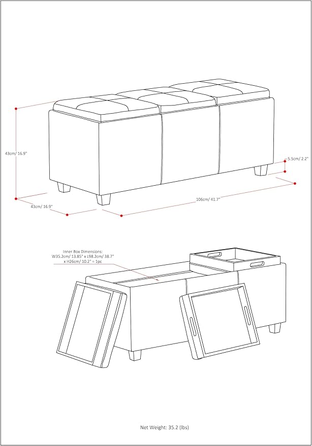 SIMPLIHOME Avalon 42 inch Wide Contemporary Rectangle Storage Ottoman in Stone - Image 3