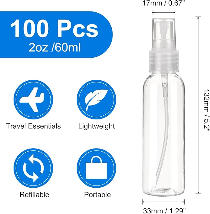 uxcell 100Pack Spray Bottles, 2Oz/60ML Reusable Clear Empty Mist Plastic Mini - Image 2