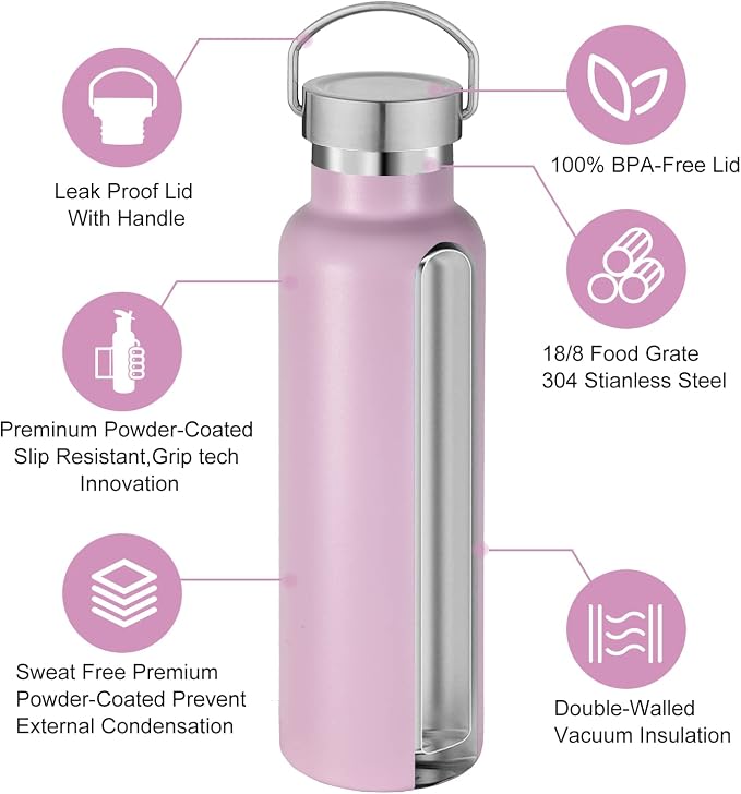 Neihepal Pink Stainless Steel Water Bottles, 20 Ounce Vacuum Insulated Double - Image 3