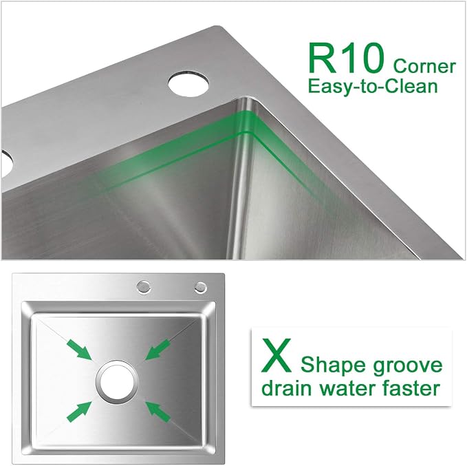 23x18 Inch Kitchen Sink, Handmade 304 Stainless Steel Sink, Topmount - Image 5