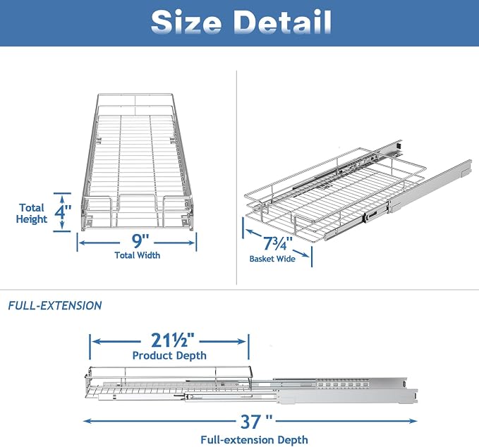 Pull Out Cabinet Organizer 9" W x 21½" D, Heavy Duty Cabinet Pull Out Shelves - Image 3
