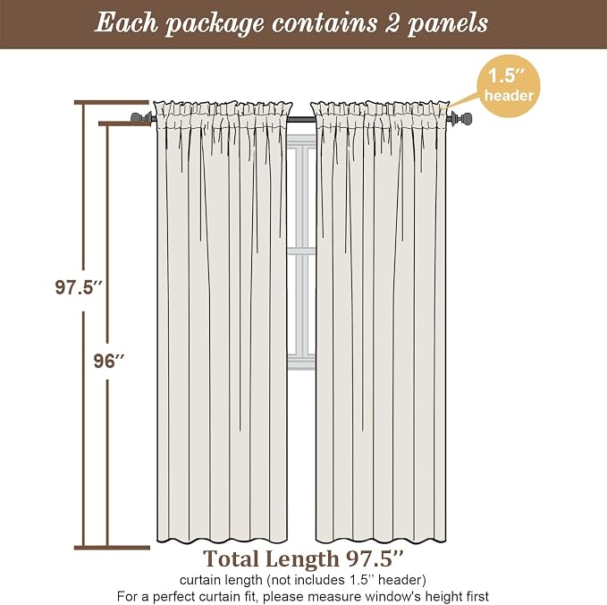 Chyhomenyc Ivory Sheer Curtains 96 Inches Long 2 Panels, Light Filtering Ivory - Image 2