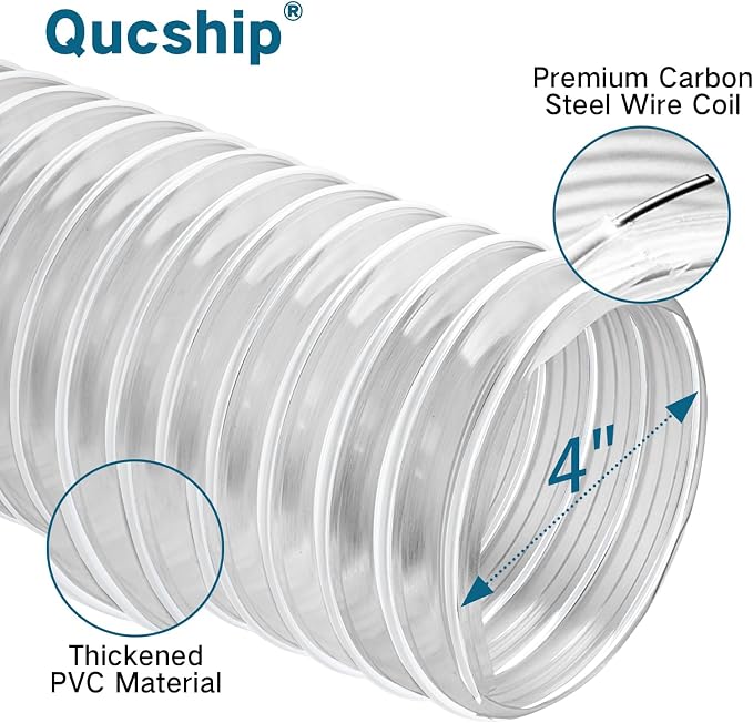 Qucship PVC Dust Collection Hose 4" x 10', Puncture-Resistant, Flexible Clear - Image 5