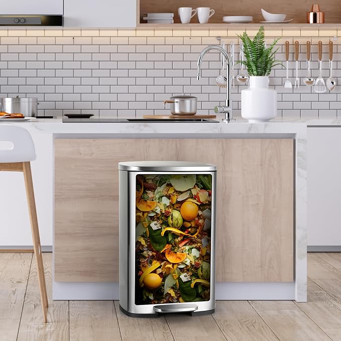 8 Gal Kitchen Trash Can, 30L Recycling or Garbage Bin, Brushed Stainless Steel - Image 3