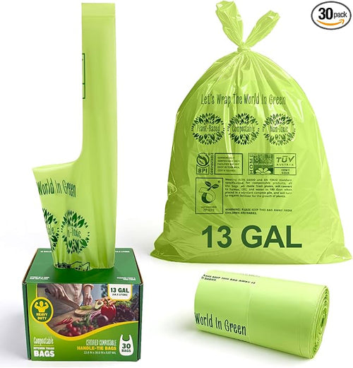 10-13 Gallon Compostable Trash Bags Handle-Tie, Heavy Duty Thick 0.87 Mil by Mazatzal
