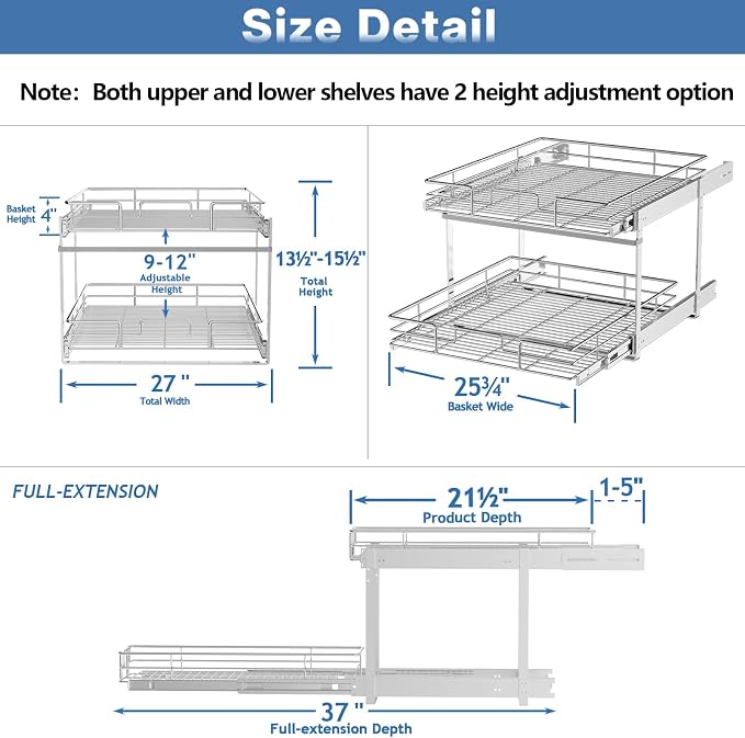 LOVMOR 2 Tier Individual Pull Out Cabinet Organizer 27" W x 21½" D, Slide Out - Image 3