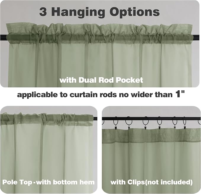Chyhomenyc Sage Green Sheer Curtains 45 Inch Long 2 Panels, Short Voile Rod - Image 3