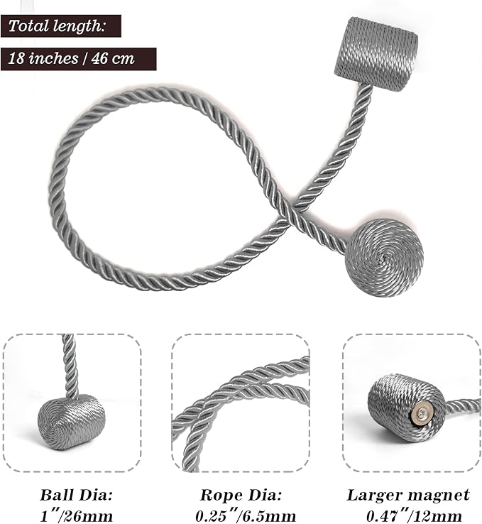 Hion Magnetic Curtain Tiebacks Grey 2pcs, Curtain Tiebacks Buckles Holdbacks - Image 3