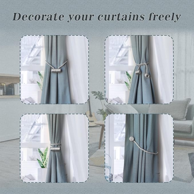 Hion Magnetic Curtain Tiebacks Gray Blue 6 Pack, Curtain Tiebacks Buckles - Image 4