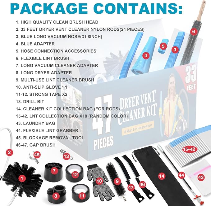Sealegend 47-Pieces 33-Feet Dryer Vent Cleaner Kit, Dryer Cleaning Tools - Image 6