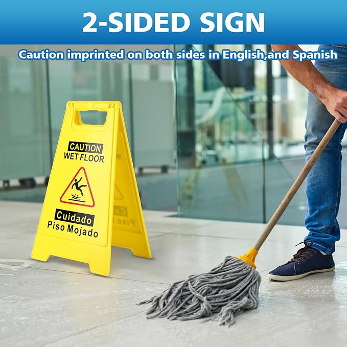 8-Pack Caution Wet Floor Sign, 17.5" Height, Bright Yellow Double-Sided Folding - Image 6