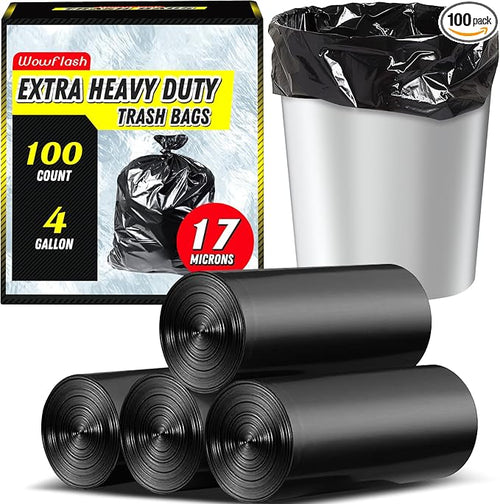 100 Count 17 Micron Extra Heavy Duty 4 Gallon Trash Bags, Sturdy & by Wowflash