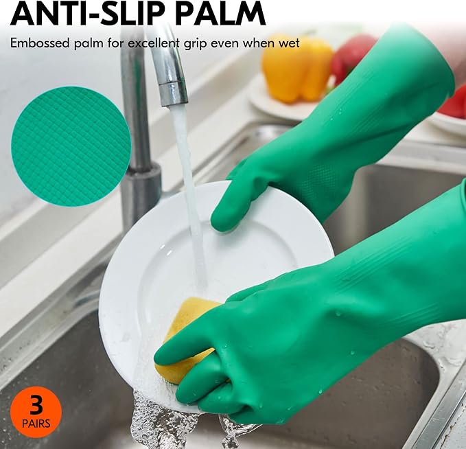 Vgo... 3-Pairs Reusable Household Gloves, Rubber Dishwashing gloves, Extra - Image 5
