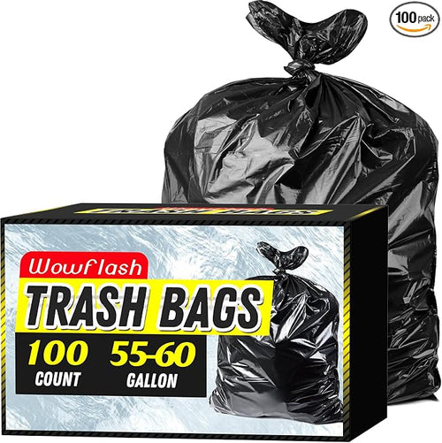 100 Count 55-60 Gallon Trash Bags, Sturdy & Tear-Resistant Commercial Can by Wowflash