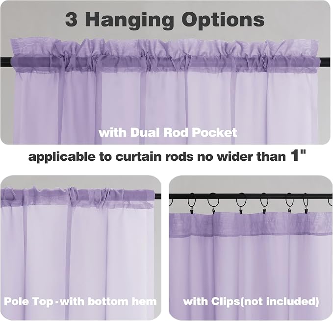 Chyhomenyc Lilac Sheer Curtains 45 Inch Long 2 Panels, Light Filtering Rod - Image 3