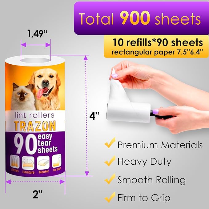 Lint Rollers Pet Hair Value 10 Pack of 900 Sheets / 10 Refills, Sticky Roller - Image 2