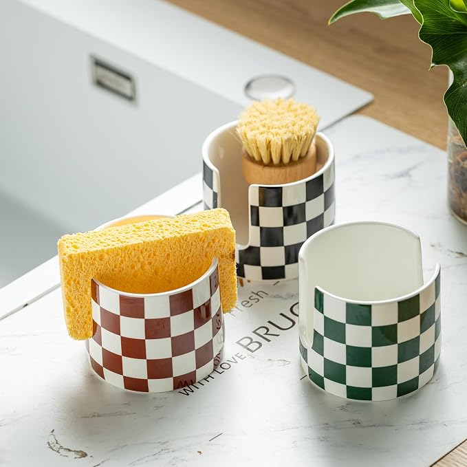 Checkered Sponge Holder for Kitchen Sink, Ceramic Dish Sponge Drying Caddy - Image 7