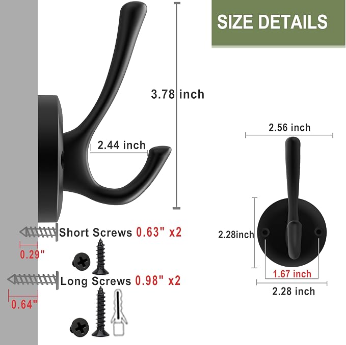 Black Towel Hooks for Wall, 5 Pack Coat Robe Hook Heavy Duty Metal Double Bath - Image 8