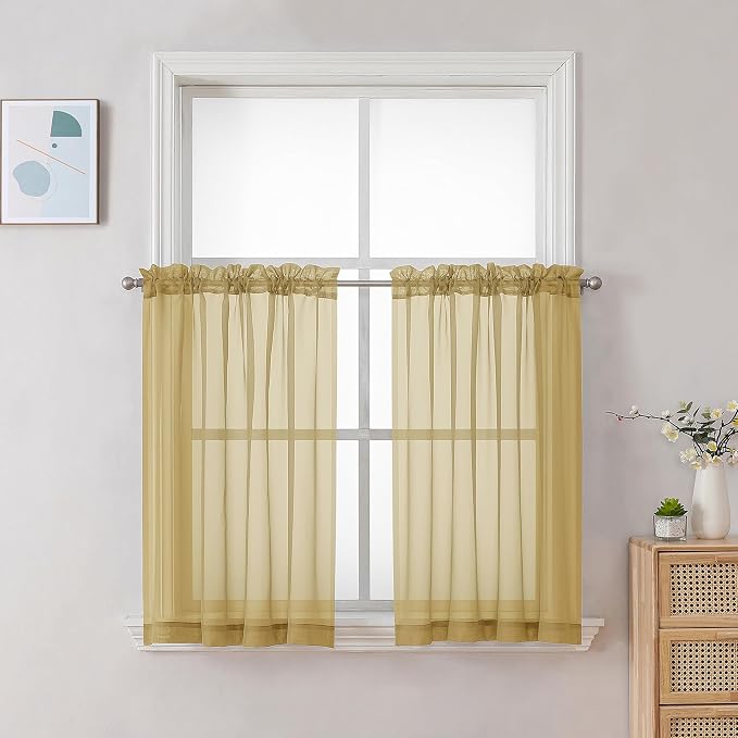 Chyhomenyc Gold Sheer Curtains 30 inch Length 2 Panels, Light Filtering Voile by Chyhomenyc