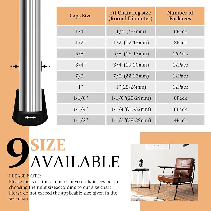 1-1/8” Round Rubber Chair Leg Tips Caps, Chair Leg Floor Protectors, Non-Slip - Image 6