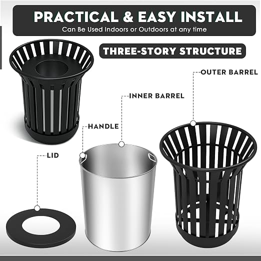 8Gallon/30L Commercial Outdoor & Indoor Metal Trash Can, Outdoor Slatted Trash - Image 5