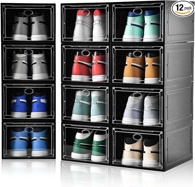 12 Pack Shoe Boxes Stackable, Upgraded Sturdy Shoe Storage Boxes by Amllas