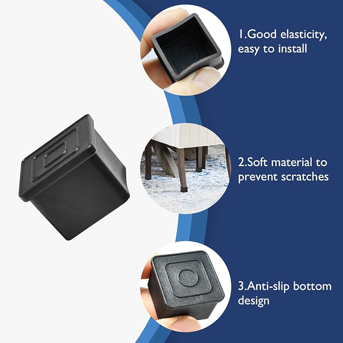 4 Pcs 1-3/4" x 1-3/4" Square Rubber Chair Leg Caps, PVC Table Leg Covers - Image 4