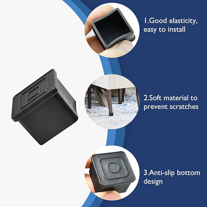 4 Pcs 2-3/8" x 2-3/8" Square Rubber Chair Leg Caps, PVC Table Leg Covers - Image 4