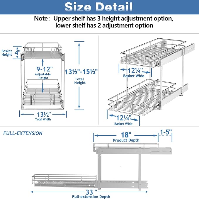 2 Tier Individual Pull Out Cabinet Organizer 13½" W x 18" D, Heavy Duty Cabinet - Image 3