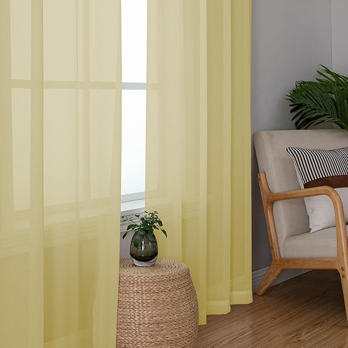 Chyhomenyc Yellow Sheer Curtains 45 Inch Long 2 Panels, Light Filtering Rod - Image 7