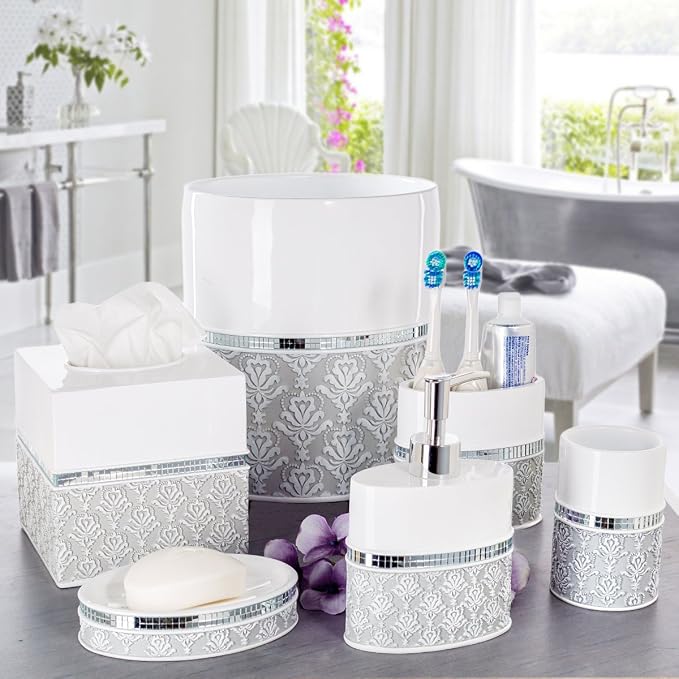 Creative Scents Mirror Damask White and Gray Bathroom Accessories Set - Image 2