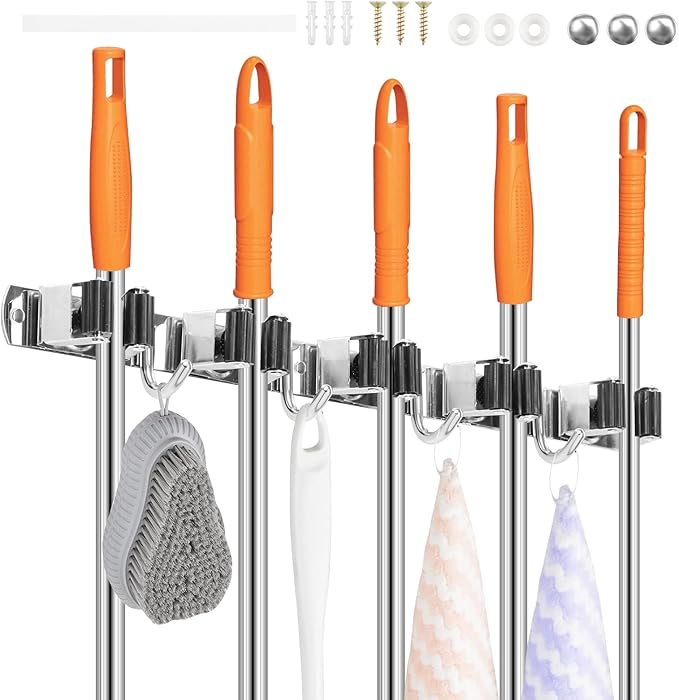 3Pcs 5 Racks 4 Hooks Stainless Steel Broom Mop Holder Anti Slip Wall Mount - Image 9