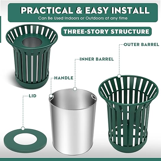 8Gallon Round Large Outdoor Trash Can, Heavy Duty Metal Slatted Garbage Can - Image 6
