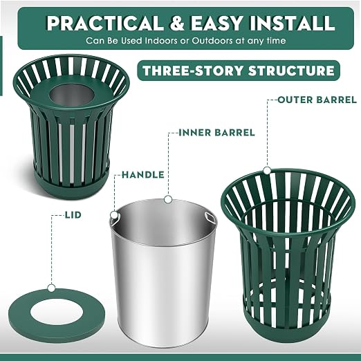 Round Heavy Duty Outdoor Trash Can, Large Metal Slatted Garbage Can - Image 6