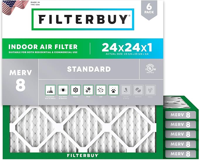 Filterbuy 24x24x1 Air Filter MERV 8 Dust Defense Replacement, Electrostatic by Filterbuy