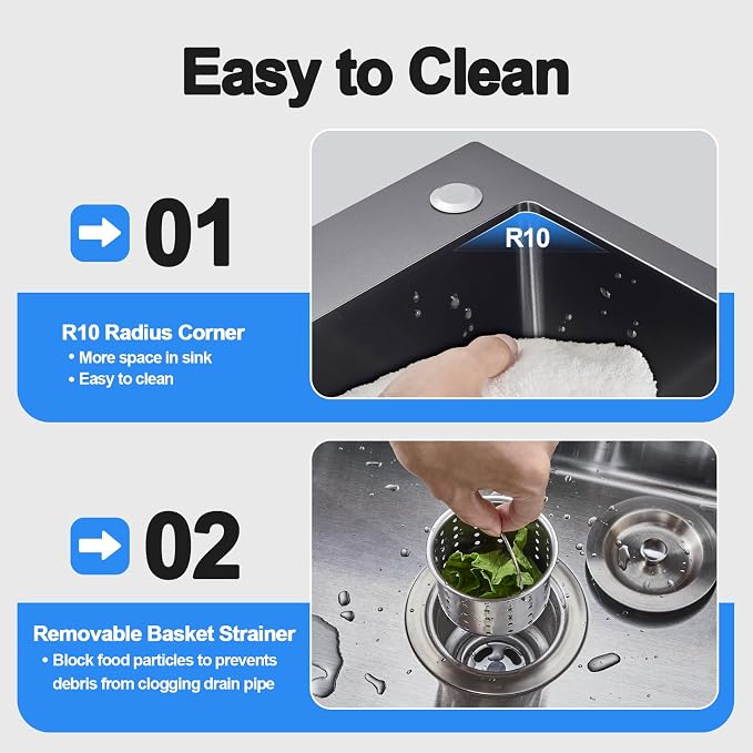 25x18x9 Inch Drop in Kitchen Sink, Handmade 304 Black Stainless Steel Single - Image 7