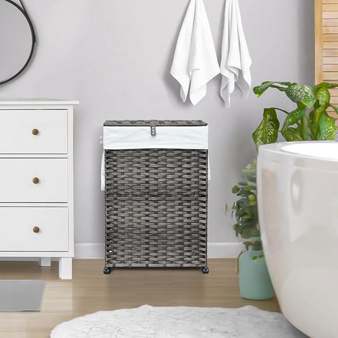 70L Slim Laundry Hamper with Lid & Wheels, Rolling Laundry Basket with 2 - Image 3