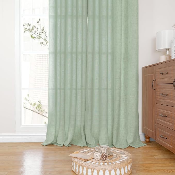 YoungsTex Light Green Linen Semi Sheer Curtains 84 Inch Length 2 Panels - Image 7
