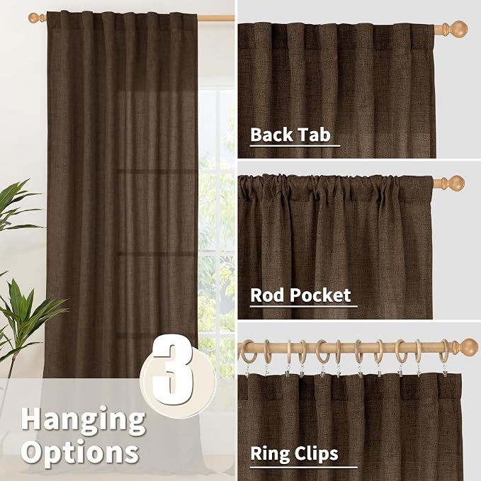 YoungsTex Brown Linen Curtains for Living Room 72 Inches Long, Semi Sheer - Image 6