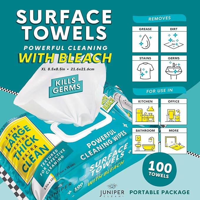 6 Packs Surface Wipes with Bleach, Thick & Large Dispose, All-Purpose Cleaner - Image 2