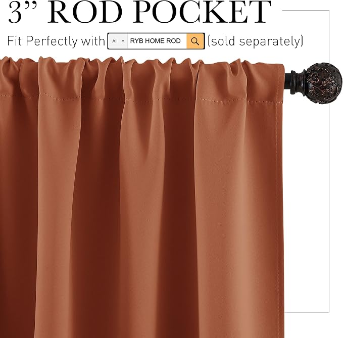 RYB HOME Orange Window Curtains 108 inches Length, Energy Efficient Rod Pocket - Image 2