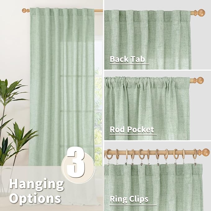 YoungsTex Sage Green Linen Curtains 63 Inch Length - Image 6