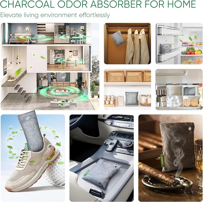 Activated Charcoal Odor Absorber, Large 12 Pack w Hooks Nature Odor Eliminator - Image 3