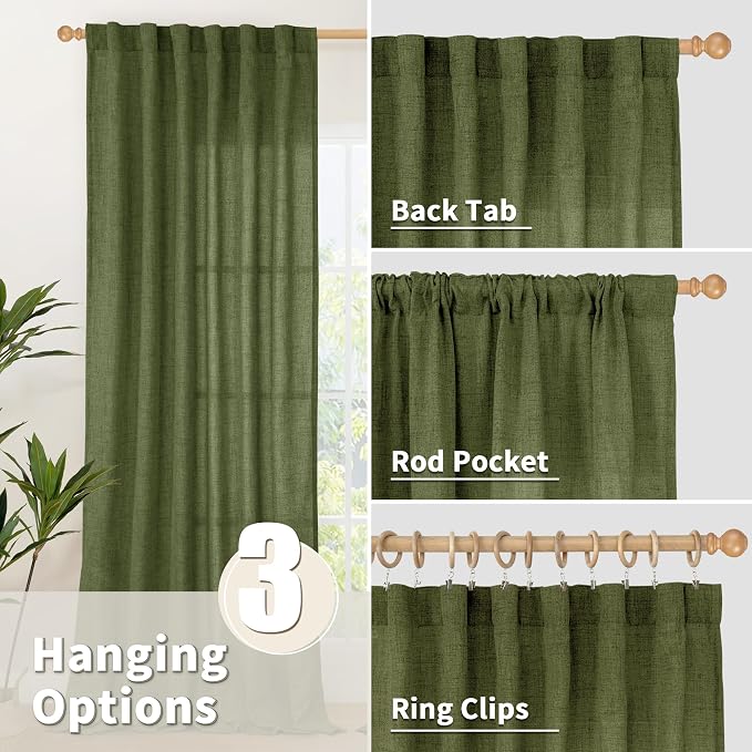 YoungsTex Olive Green Linen Curtains 45 Inch Length, Short Window Drapes Light - Image 6