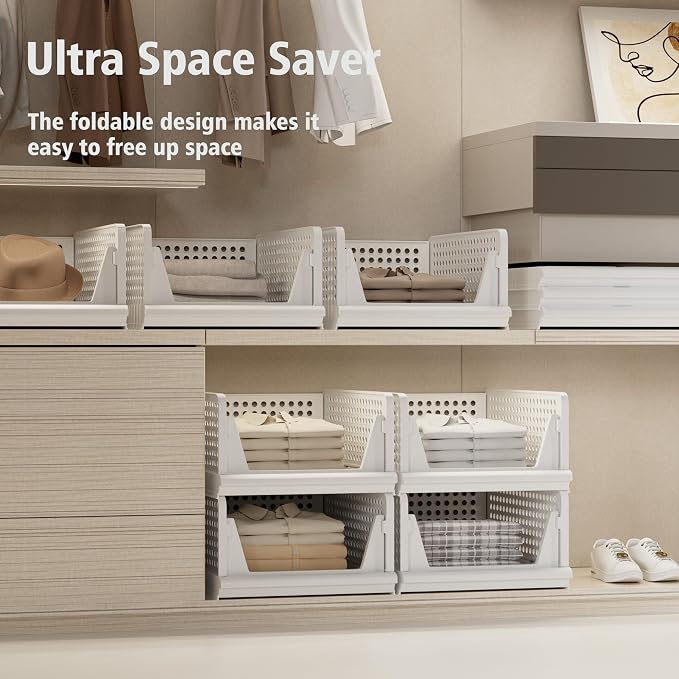 Proarea 4 Pack Stackable Plastic Storage Basket Closet Organizer Bin Foldable - Image 4