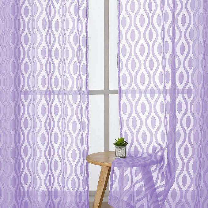 Aiyufeng Light Purple Valances for Windows, Chic Wavy Line Clip Jacquard Voile - Image 3